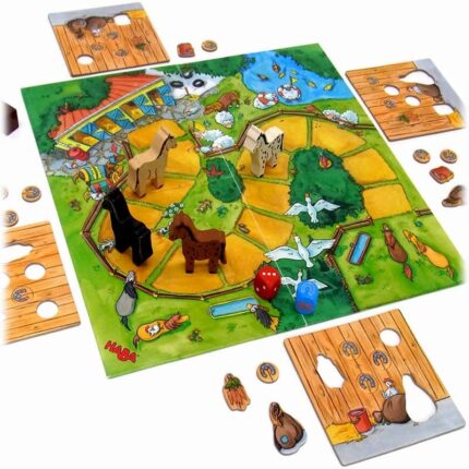 Образователна игра Хоп в Галоп игрално поле животински дървени фигурки монети HABA