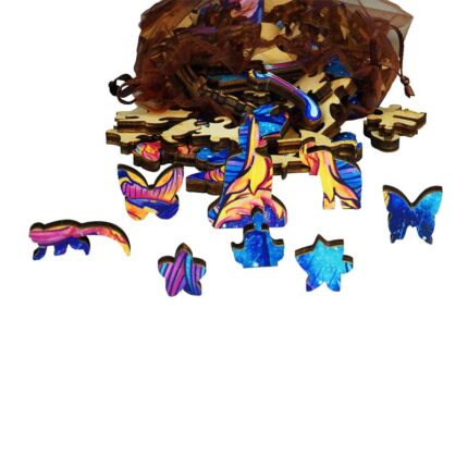 Дървен пъзел „Mystic Animals“ – Мистичен пеперуда – А4 – Пъзел с фигури торбичка за съхранение и елементи