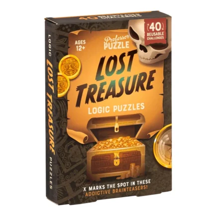 Картонена кутия за логическа игра, озаглавена „Lost Treasure“. Корицата на кутията включва стилизирано изображение на отворен сандък със съкровища, пълен със златни монети, изобразен на фон, наподобяващ състарен пергамент или хартия. Сандъкът е кафяв с детайлна орнаментика, а монетите са яркозлатисти. Надписи, включително „Lost Treasure“, „Logic Puzzles“ и „Professor Puzzle“, са представени с винтидж стил шрифт върху изображението. В горния десен ъгъл на кутията е изобразен графичен череп, а малки, стилизирани елементи, вдъхновени от индиански мотиви, както и златни монети, са вплетени в дизайна, добавяйки културна дълбочина към сцената. Компас е разположен в долния десен ъгъл, подчертавайки приключенската тема на играта. Цветовата палитра се състои основно от топли тонове на оранжево, кафяво, бежово и златно, създавайки усещане за винтидж стил, приключение и загадъчност. Корицата е насочена към зрителя, като изображението е центрирано и съкровищният сандък е основен акцент. Графиките и текстът са хармонично комбинирани, за да създадат привлекателна и тематична визия. Тази опаковка е проектирана за целева аудитория на възраст 12+ години и съчетава простота на композицията с внимание към детайла, за да предизвика интерес към играта.